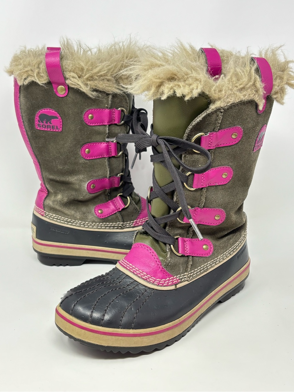 Sorel Tofino Lace Up Tall Winter Boots Girls Insulated Green Suede Faux Fur Pink
